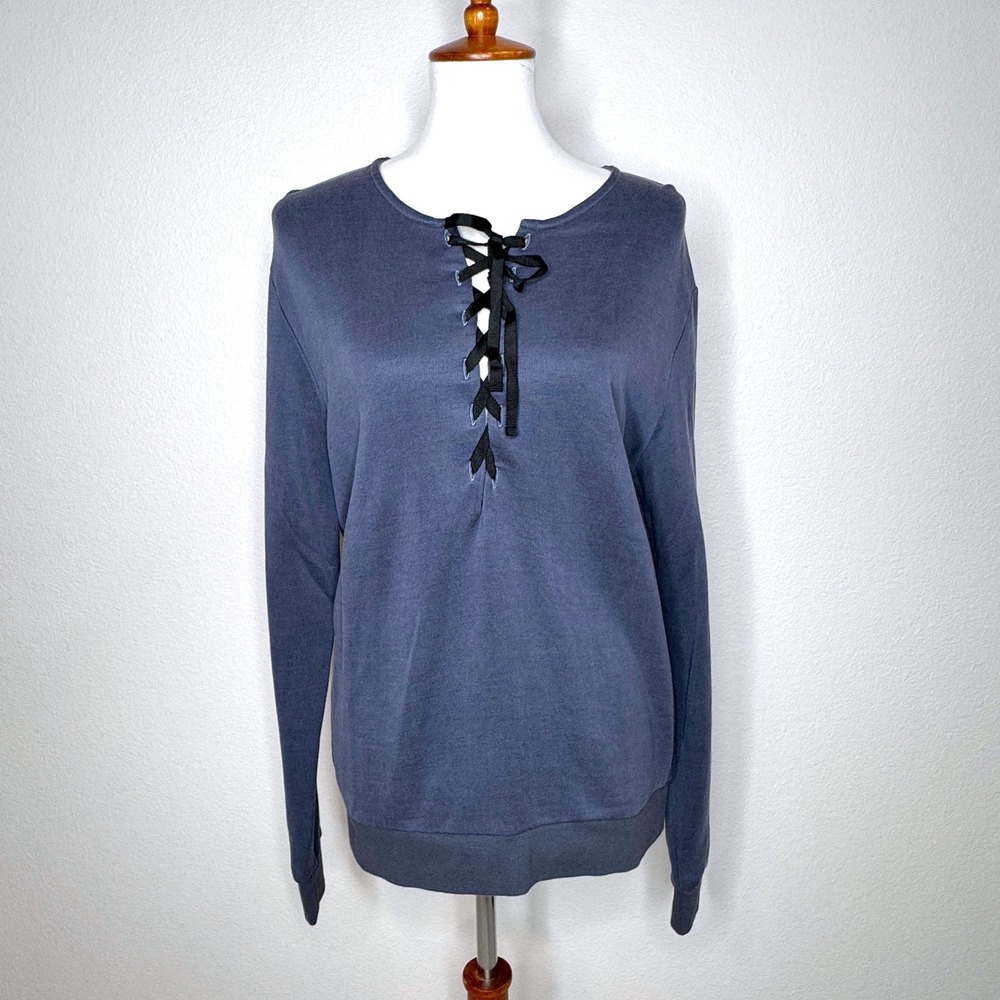 MAJESTIC‎ FILATURES French Terry Lace-up Top Sweatshirt MED (3) Blue Athleisure